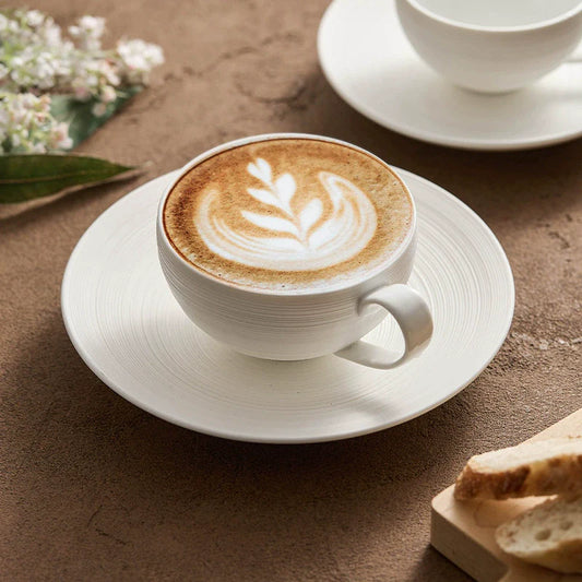 Brushed Texture Porcelain Coffee Cup & Saucer Set – 200ml / 300ml | Minimalist White Tableware