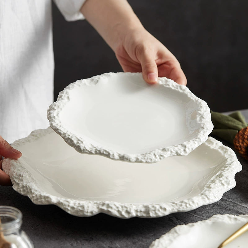 2025 new ceramic plate with ruffled stone-like rim