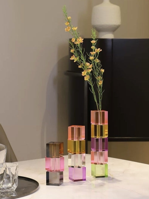 Artistic glass centerpiece featuring cube structure