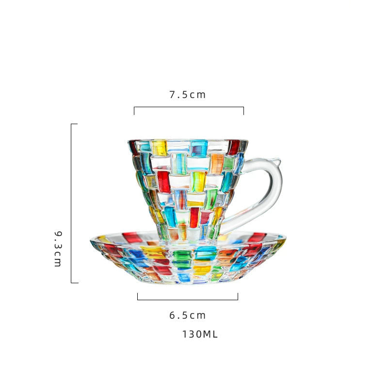 Artistic glass cup set with rainbow block pattern and matching saucers