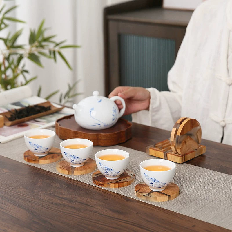 Artistic ink-style pattern coaster with natural wood grain