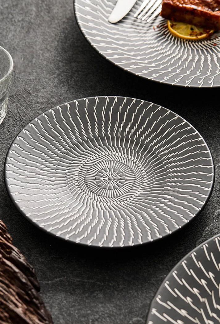 Black and white hand-painted dinner plate for stylish food photography