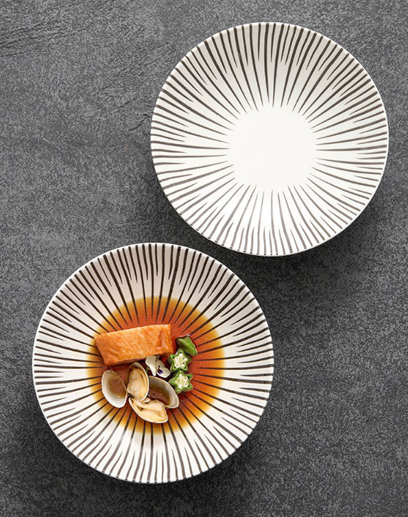 Contemporary ceramic dinnerware with textured lines