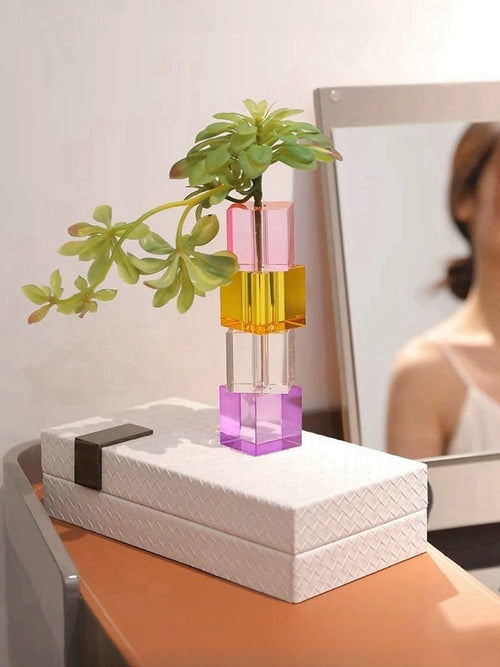 Contemporary glass bud vase in stacked cube form