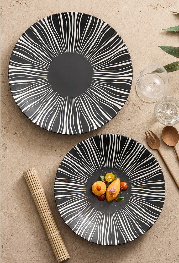 Designer ceramic tableware with optical stripe design