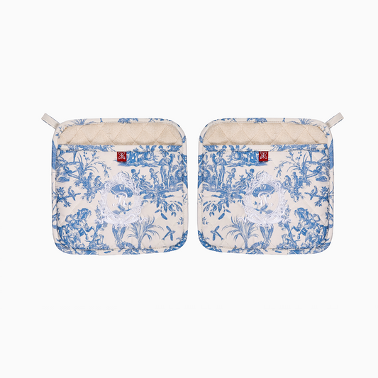 Elegant blue Toile de Jouy cotton pot holder with a detailed pastoral print and quilted texture.
