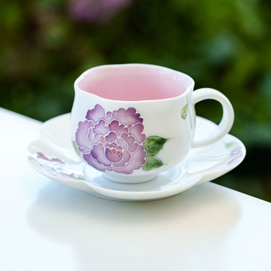Elegant ceramic floral teacup with purple peony design