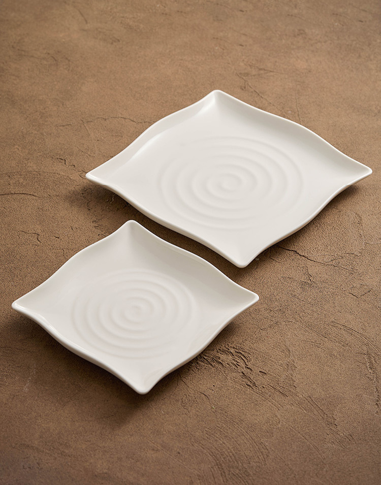 Elegant modern square plate with spiral texture highlighting food artistry