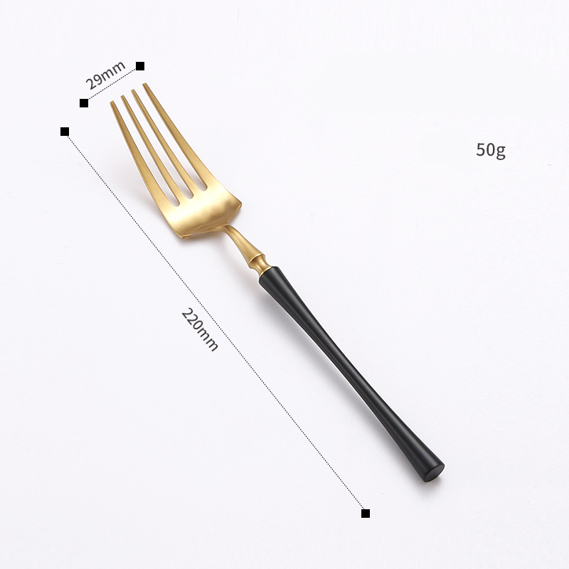 Elegant stainless steel dinner fork with black handle and gold finish – 220mm length