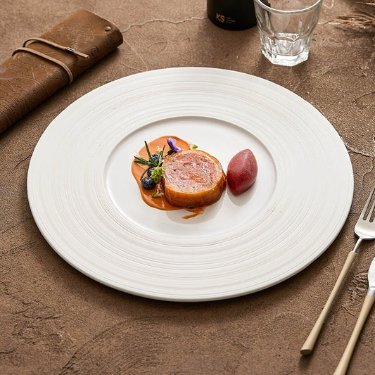 Elegant wide-rim ceramic plate with brushed line texture