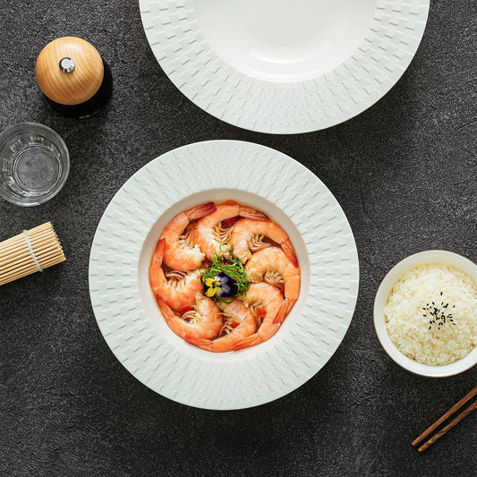 Embossed weave-texture wide soup plate for fine dining presentation