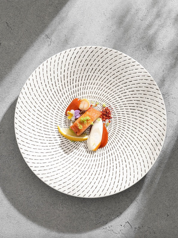 Fine dining plate with radiating decorative lines
