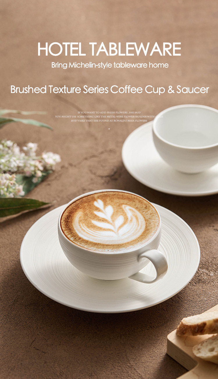 Flat lay of coffee cup and saucer on brown background