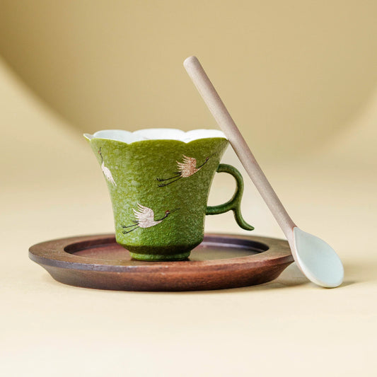 GOSEUNG Crane Dance Porcelain Teacup in celadon green with hand-painted silver crane motif