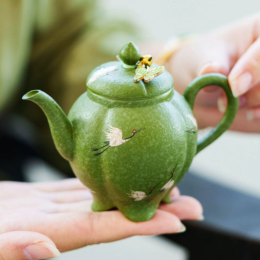 Handcrafted Celadon Green Zisha Teapot with Crane Design