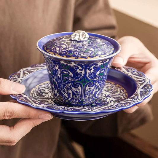 Handcrafted blue porcelain gaiwan with 999 silver filigree details