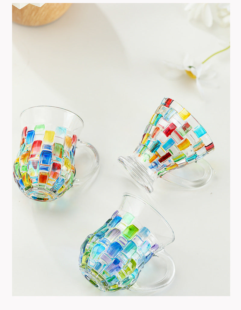 Handcrafted glass tea set with multicolor geometric design