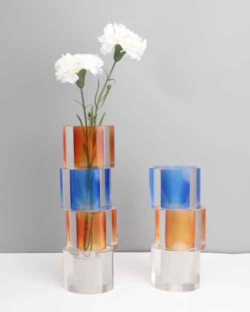 Handcrafted stacked glass vase for flowers or standalone display