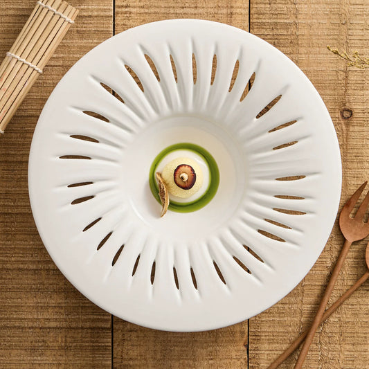 High-fired 1350°C durable ceramic conical plate with rhythmic petal carvings.