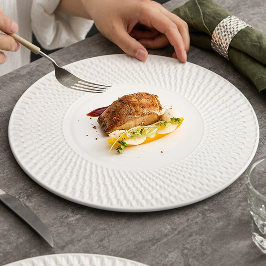 Luxury porcelain dinner plate with 3D geometric relief design