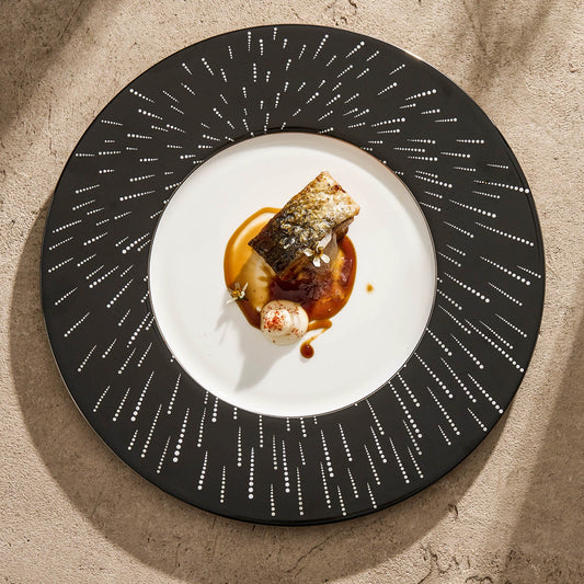 Minimalist black and white dinnerware featuring a radiating dotted motif on the rim.