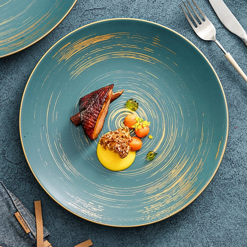 Modern flat dinner plate with subtle golden strokes