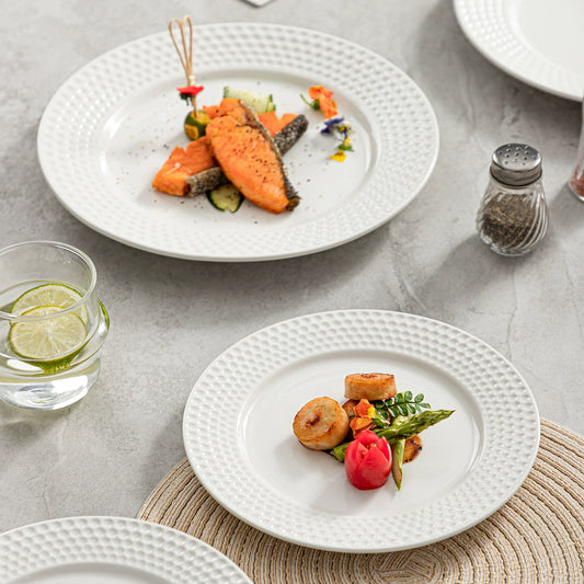Modern white ceramic flat plate for fine dining presentation
