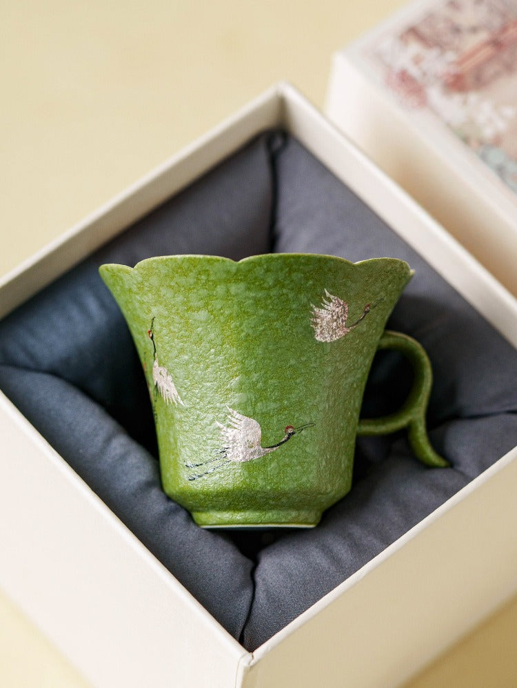 Premium porcelain teacup gift set with hand-painted cranes and walnut saucer