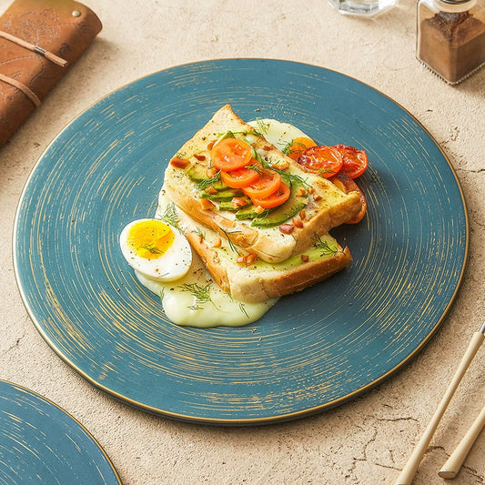 Round ceramic plate with artistic brushed texture