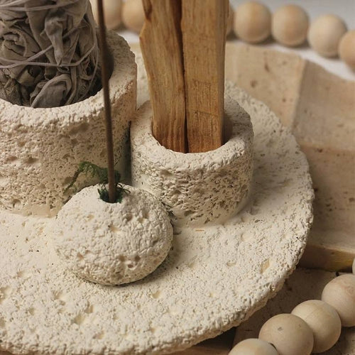 Rustic stone-finish burner for candles, incense sticks, and palo santo