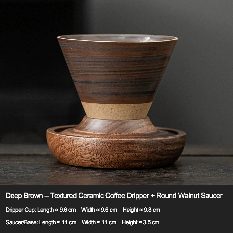 Side view of pottery coffee dripper on saucer