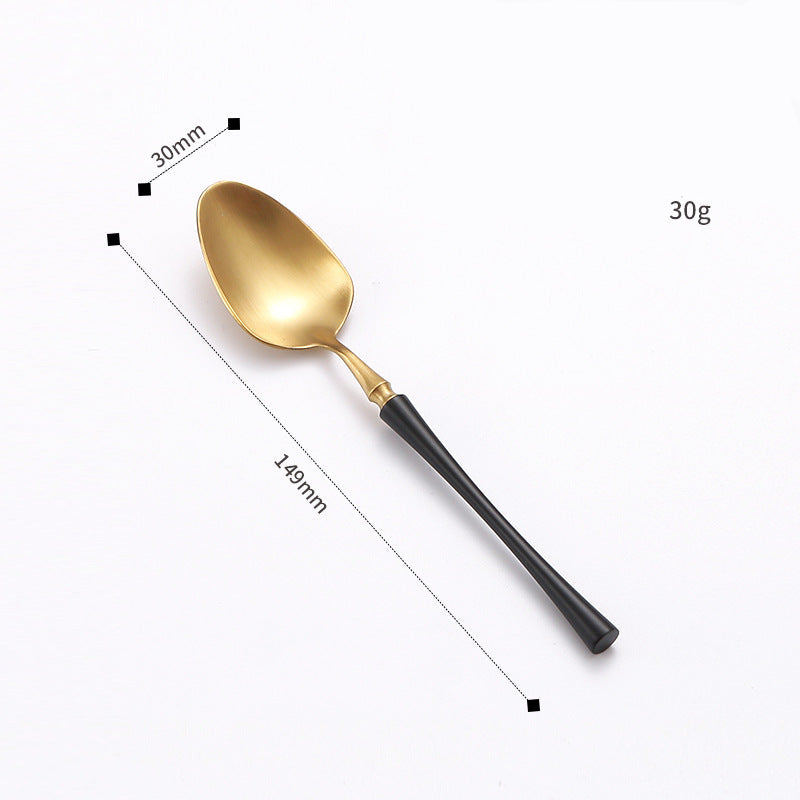 Small stainless steel spoon with black handle and gold finish – 149mm length
