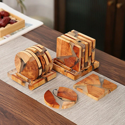 Square pine wood resin coaster set eco-friendly material