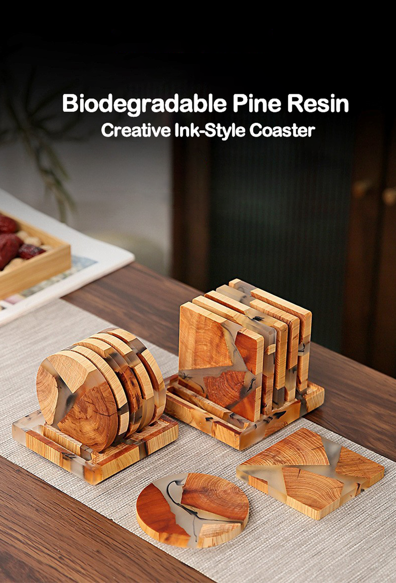 Square resin and pine wood coasters for coffee table