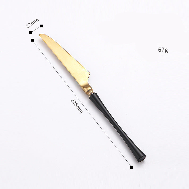Stainless steel table knife with black handle and gold blade – 225mm length