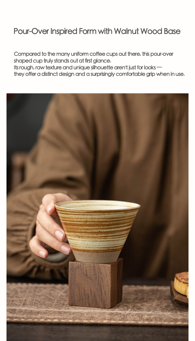 Stylish ceramic coffee vessel on geometric wood stand