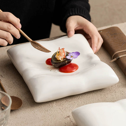 Thermal square pillow ceramic plate with 1350°C high-fired durability.