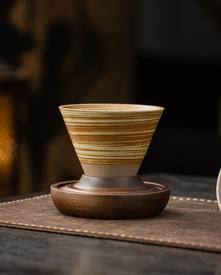 Top view of spiral-textured ceramic coffee cup