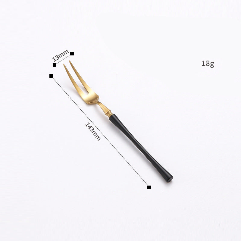 Two-prong stainless steel fork with black handle and gold finish – 143mm length