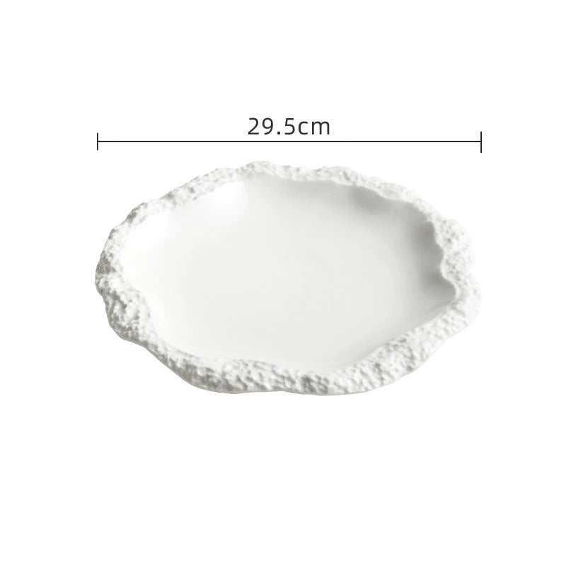 Versatile stone-textured shallow plate for sushi or desserts