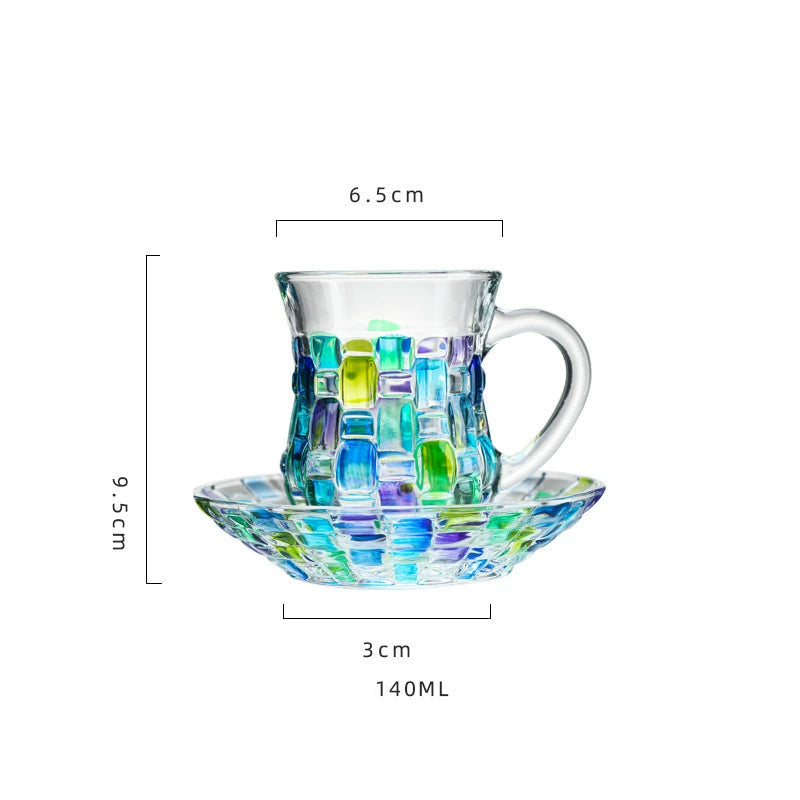 Vibrant stained-glass inspired coffee cups with textured design