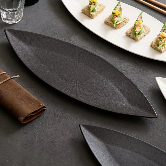 black matte zen boat long serving tray for fine dining appetizers