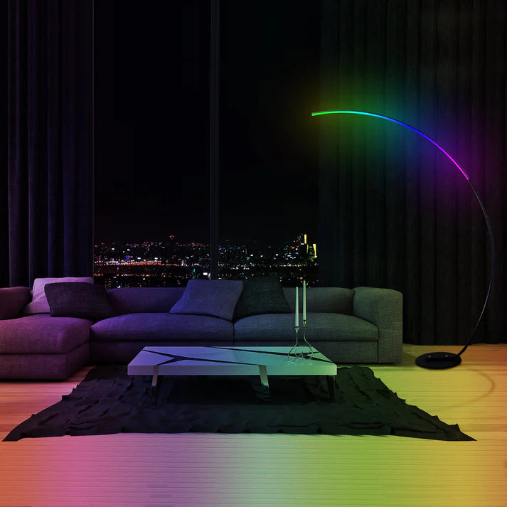 remote-controlled RGBW floor lamp in a cozy bedroom setting