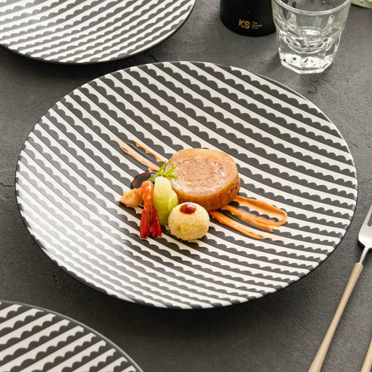 Modern Monochrome Dining: Black & White Wave Ceramic Plates