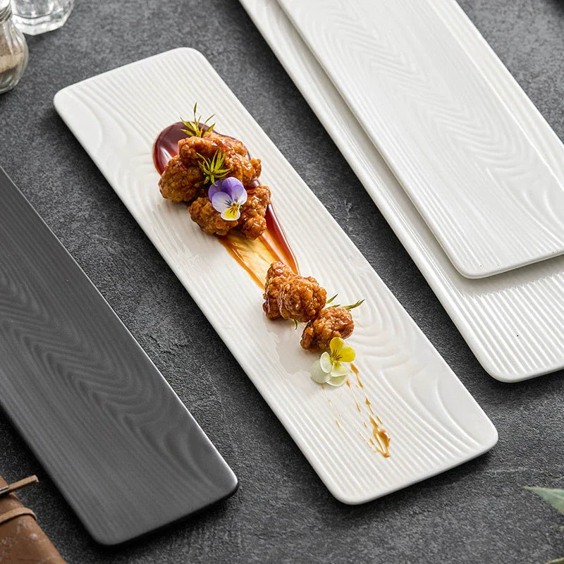 Water-Pattern Ceramic Sushi & Dessert Plate – Modern Rectangular Tray in Black or White | GOSEUNG