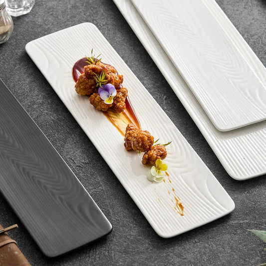 Water-Pattern Ceramic Sushi & Dessert Plate – Modern Rectangular Tray in Black or White | GOSEUNG