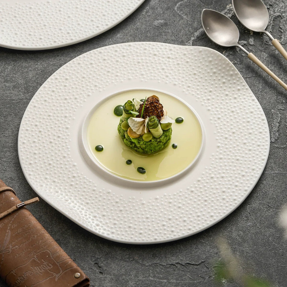 Asymmetry with Intent — The Wabi-Sabi Elegance of the Matte Sesame Texture Porcelain Rim Plate
