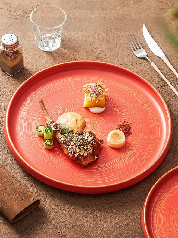 10.5-inch matte ceramic dinner plate with subtle gold rim