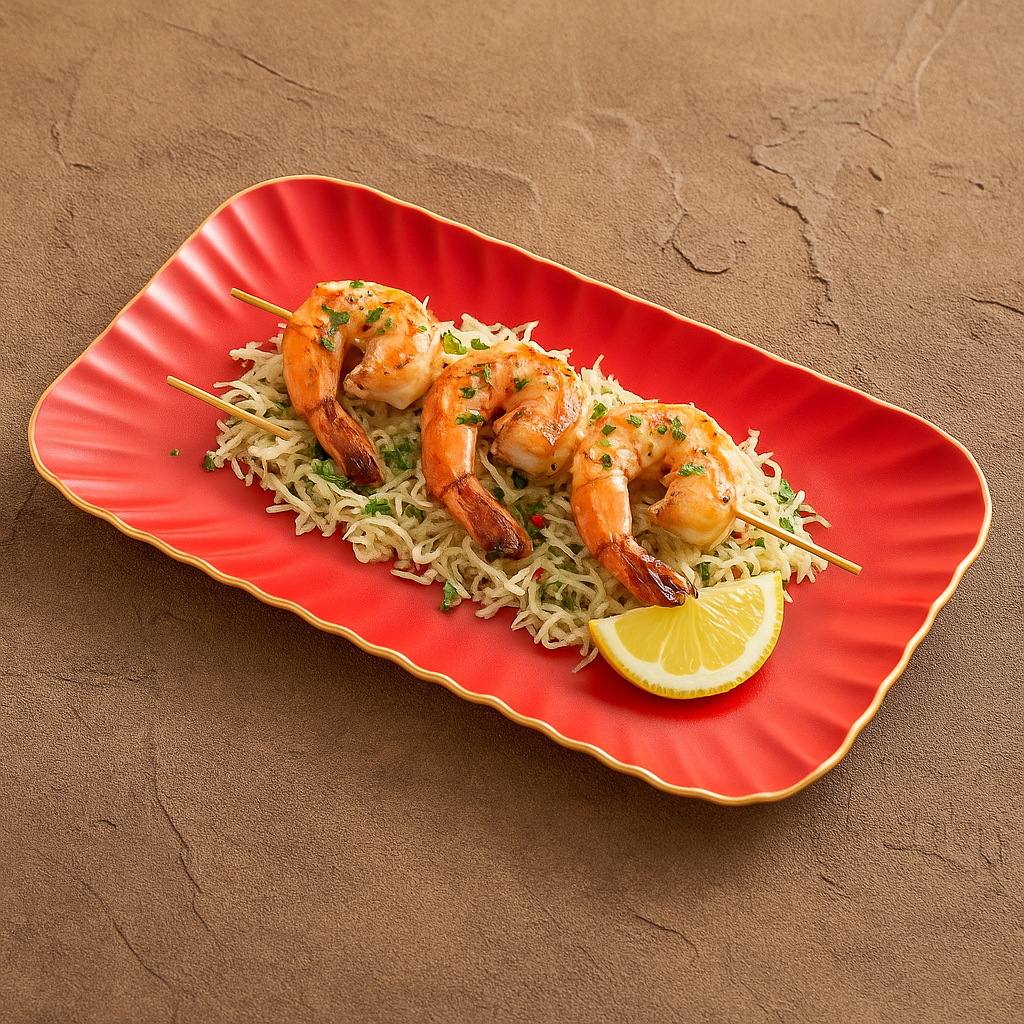 Shrimp skewers on a bed of pasta with a lemon wedge on a red plate against a brown background