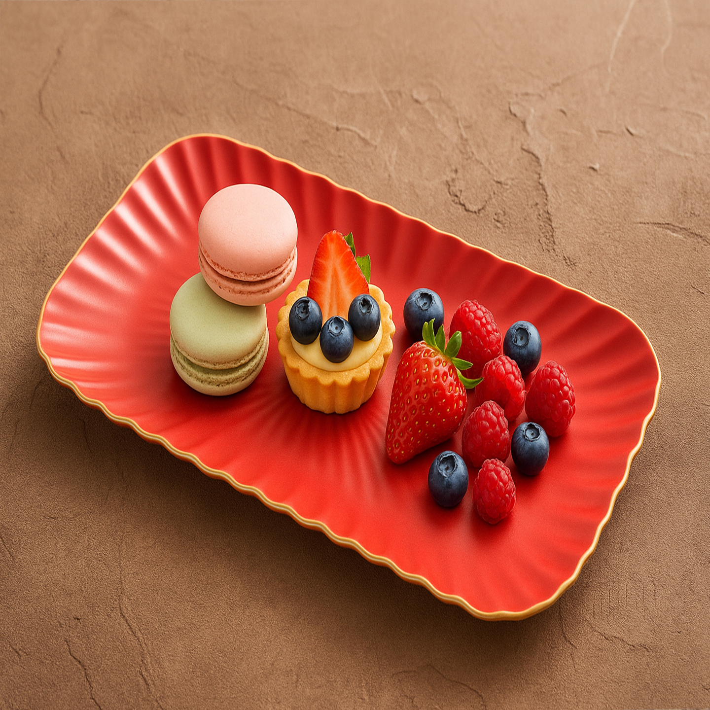 Red plate with macarons, a small tart, and fresh berries on a brown background